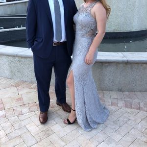 Grey lace prom dress